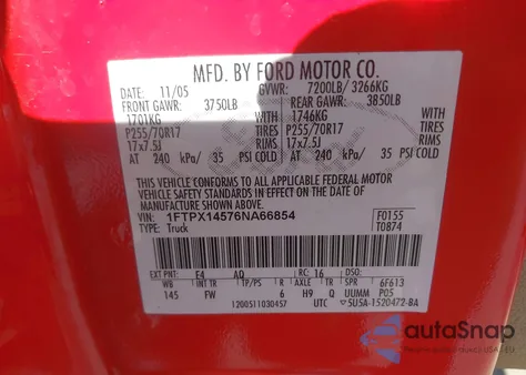 2006 Ford F-150 Fx4/Lariat/Xl/Xlt z USA, uszkodzony, nr VIN 1FTPX14576NA66854